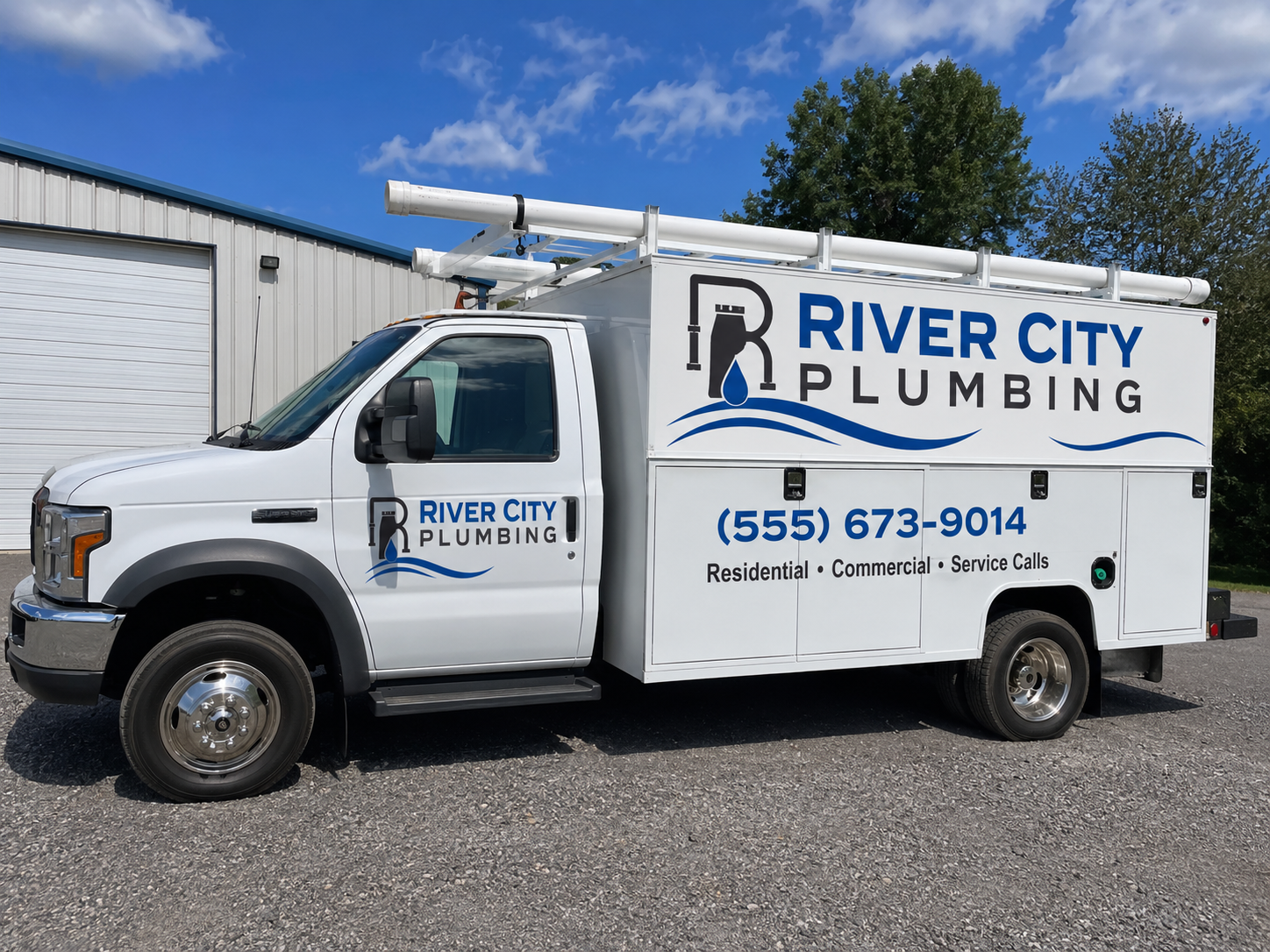 Example of custom plumbing company lettering on a white service truck