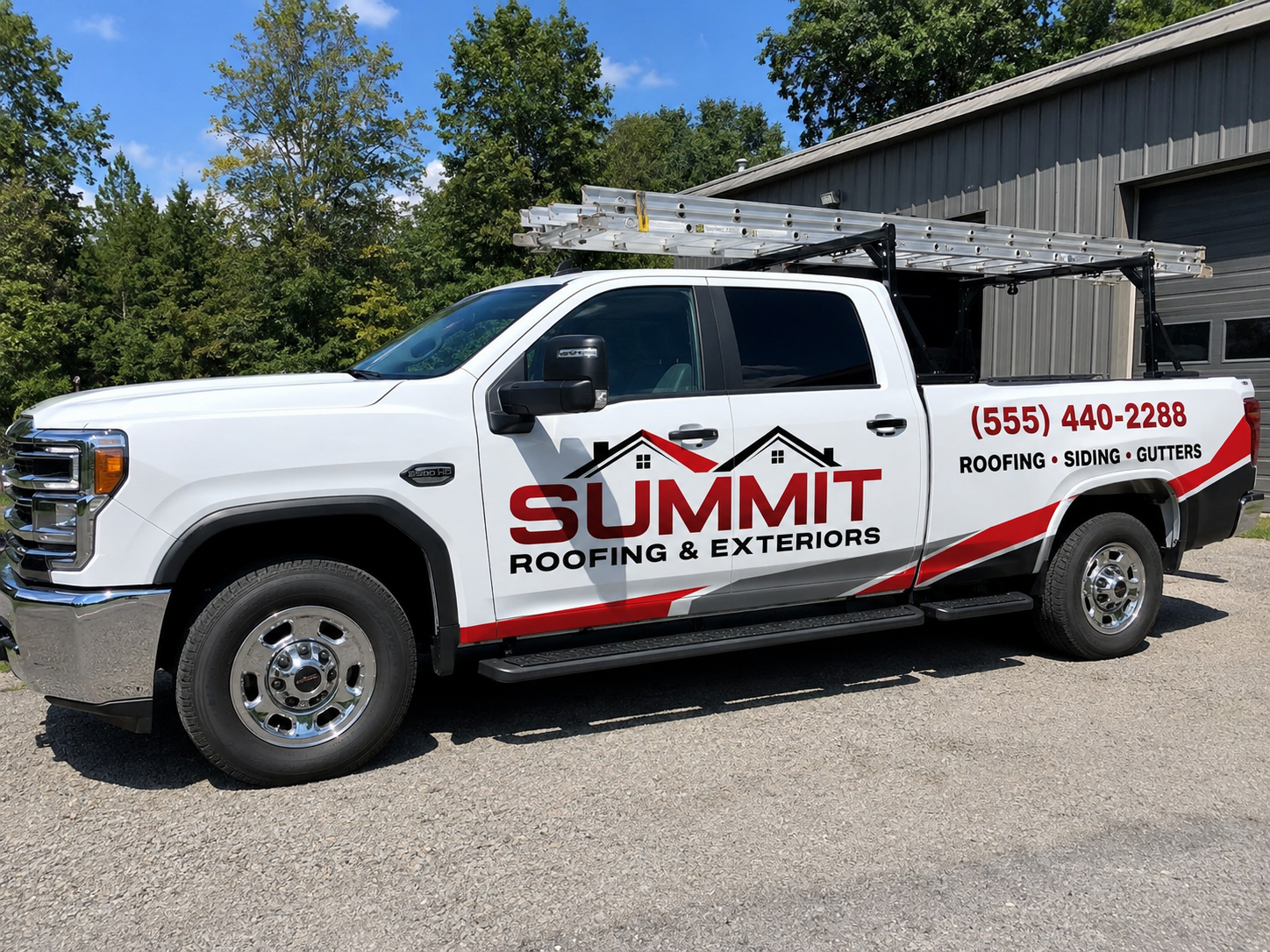 Example of custom roofing company lettering on a white work truck