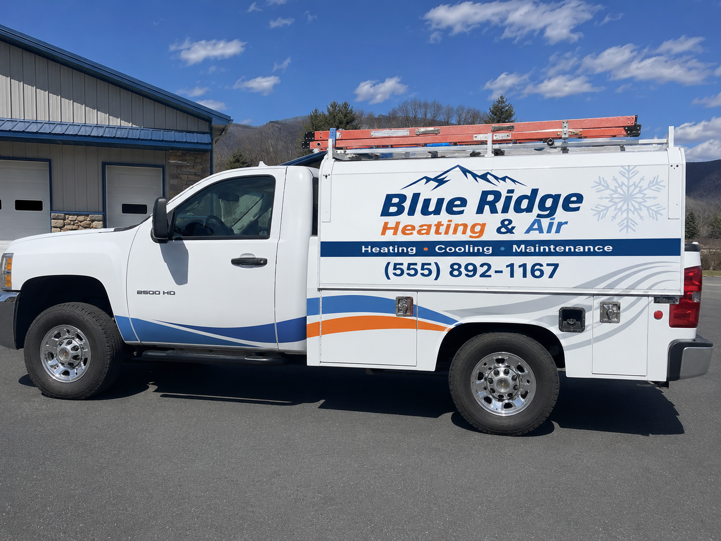 Example of custom heating and air business lettering on a white service truck