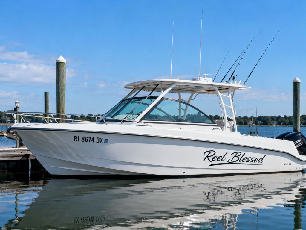 Fishing boat with custom registration numbers and name decal