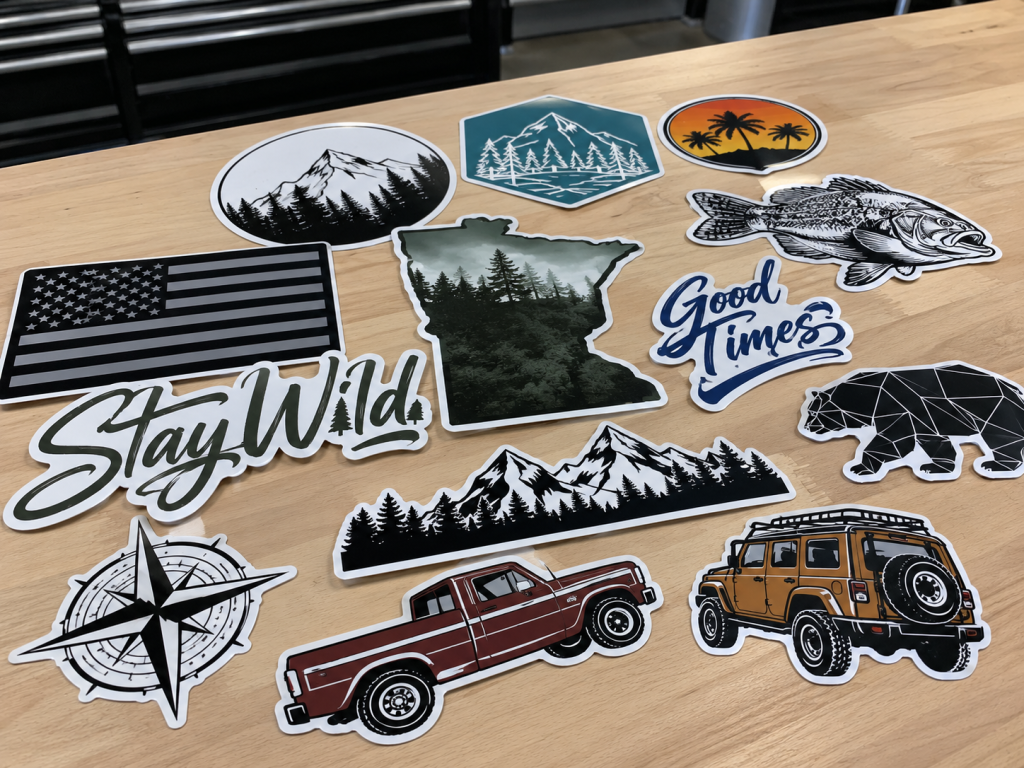 Assorted custom die-cut vinyl decals on a workbench