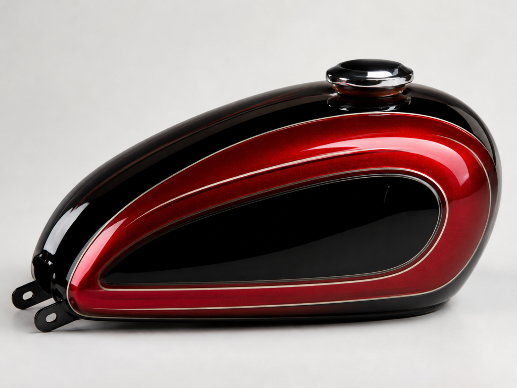Motorcycle gas tank with custom vinyl graphics