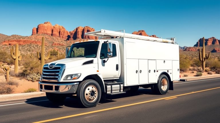 Commercial truck door with required FMCSA markings showing name, USDOT number, and address for Arizona