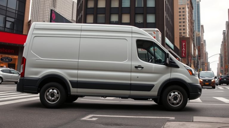Commercial truck door with required FMCSA markings showing name, USDOT number, and address for New York