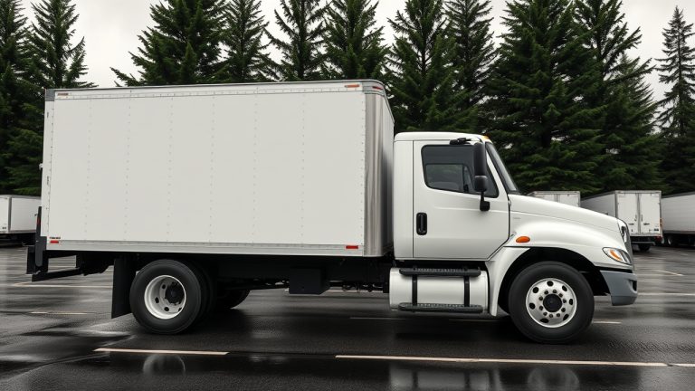 Commercial truck door with required FMCSA markings showing name, USDOT number, and address for Washington