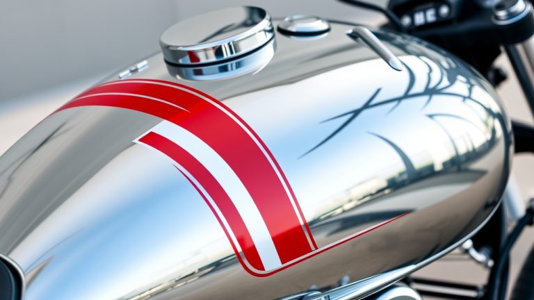Custom motorcycle decals on a vehicle showing design, color, and finish options