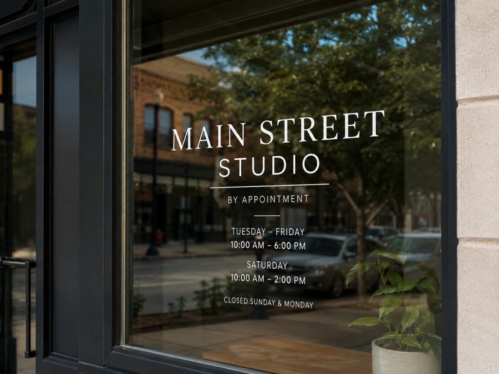 Storefront window with custom vinyl lettering signage