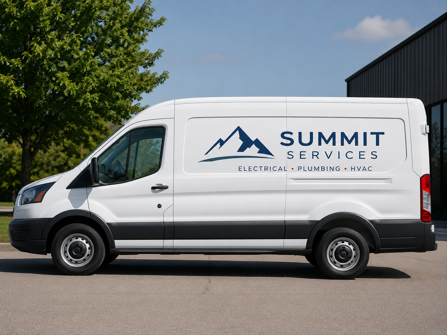 Work van with company vinyl signage and logo