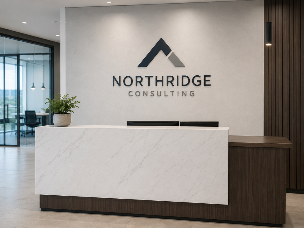 Office reception wall with custom vinyl logo lettering