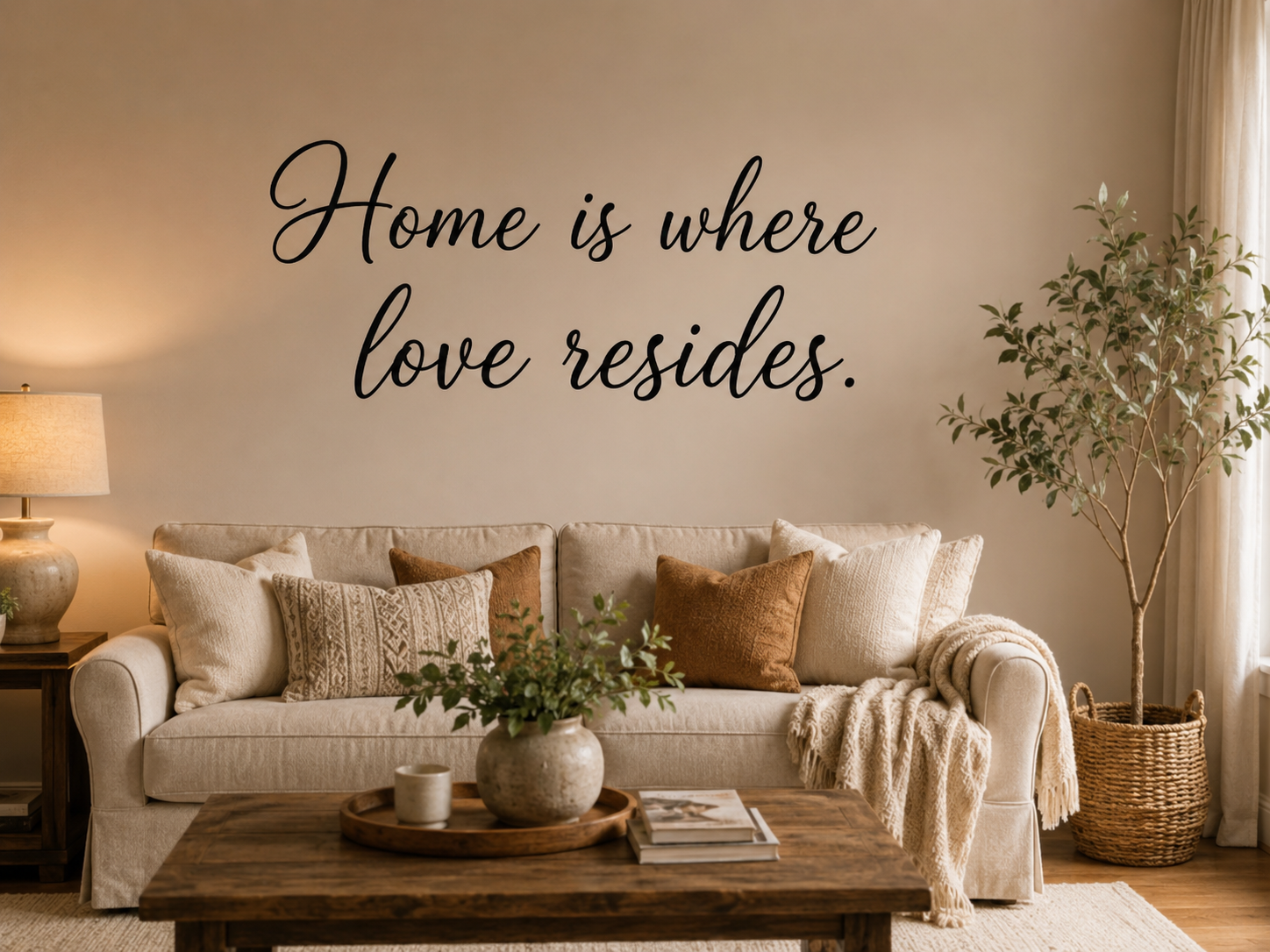 Living room wall with decorative vinyl quote lettering
