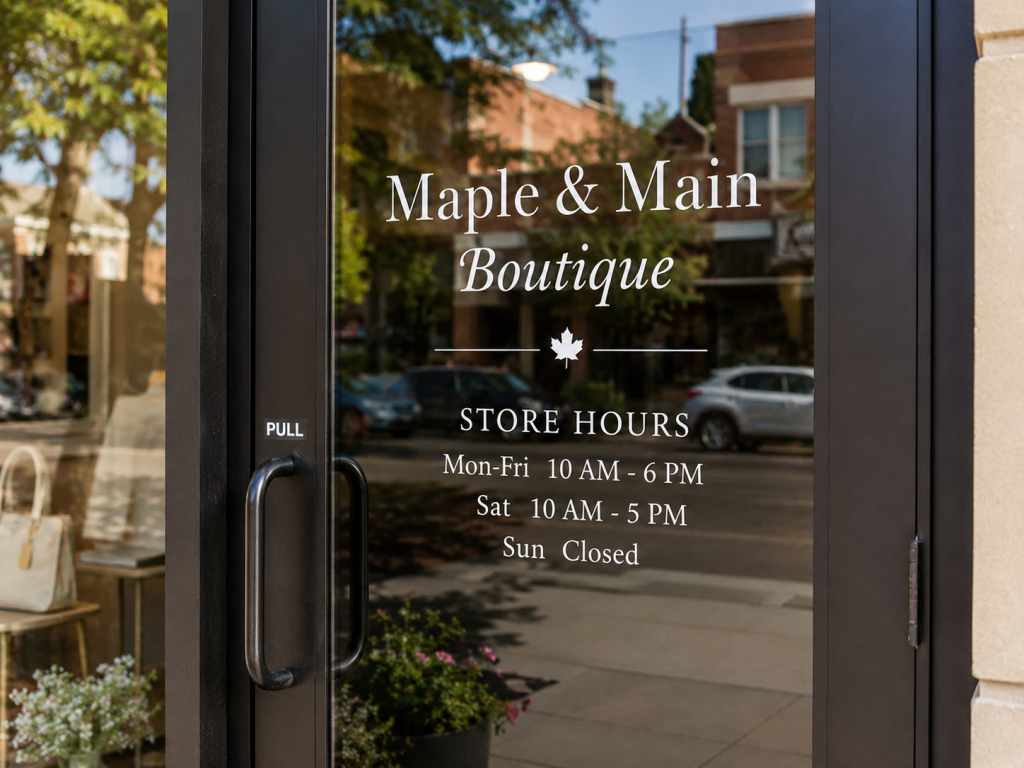 Storefront glass door with custom vinyl lettering
